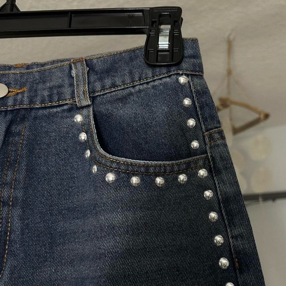 High Rise Blue Denim Jeans with Silver Studs